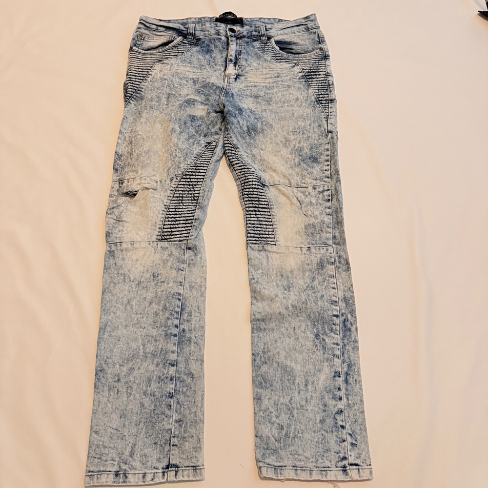 Marc Ecko Biker Jeans Mens 36x32 Blue Acid Wash Distressed Moto Streetwear